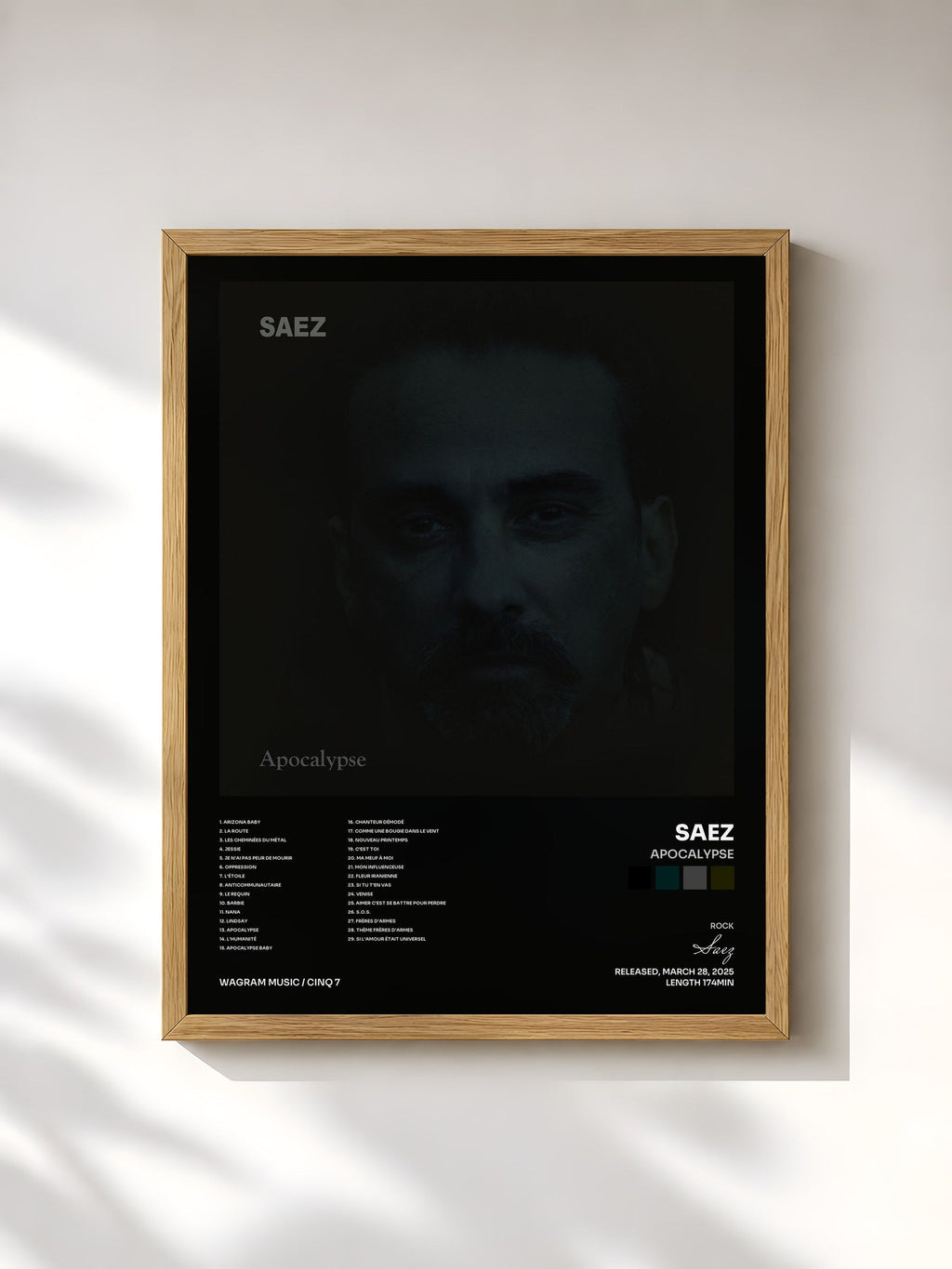 #bois Tableau de l'album Apocalypse de Saez, cadre en bois brut, imprimé et encadré en France