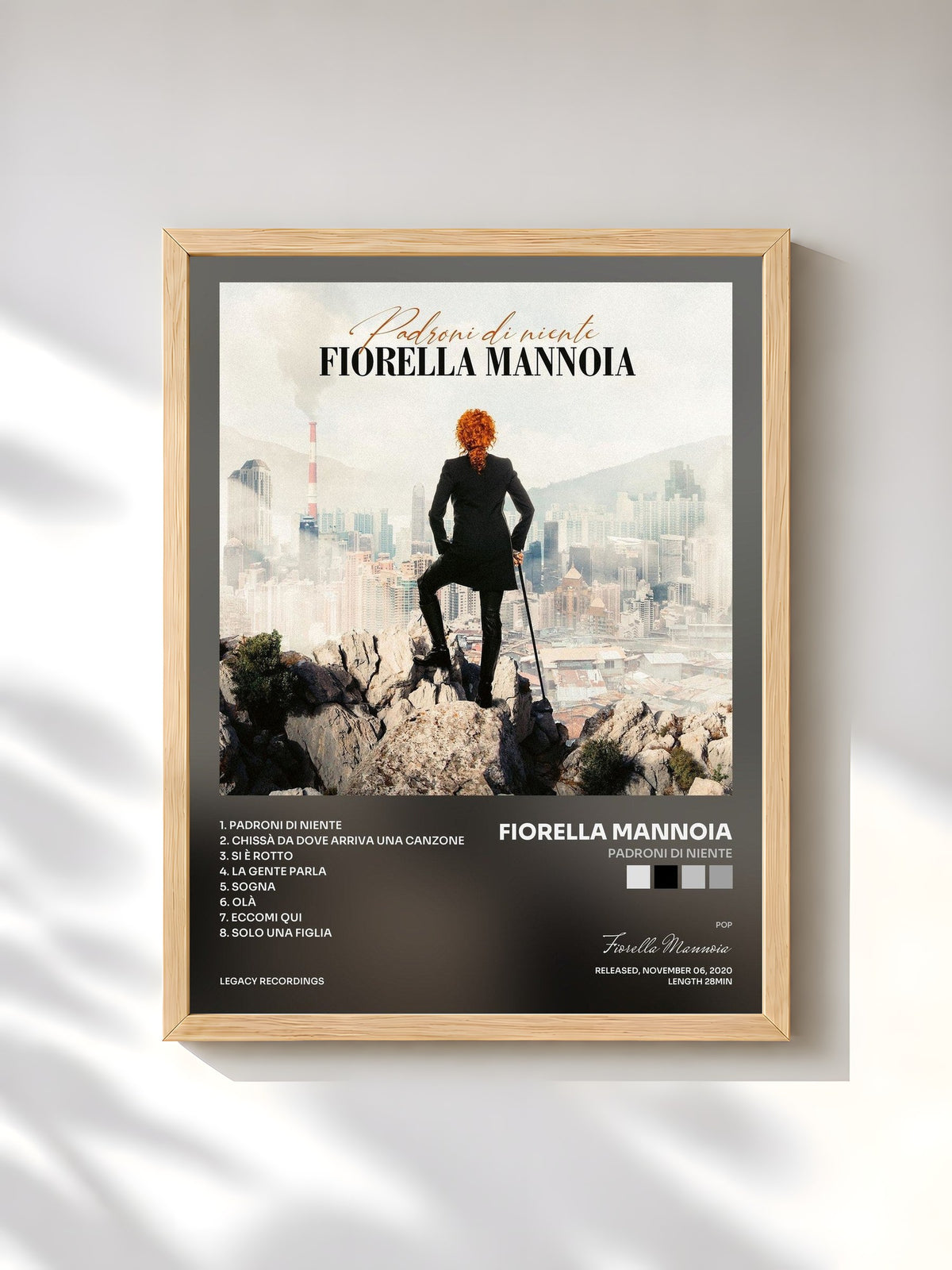 #bois Tableau de l'album Padroni di niente de Fiorella Mannoia, cadre en bois brut, imprimé et encadré en France