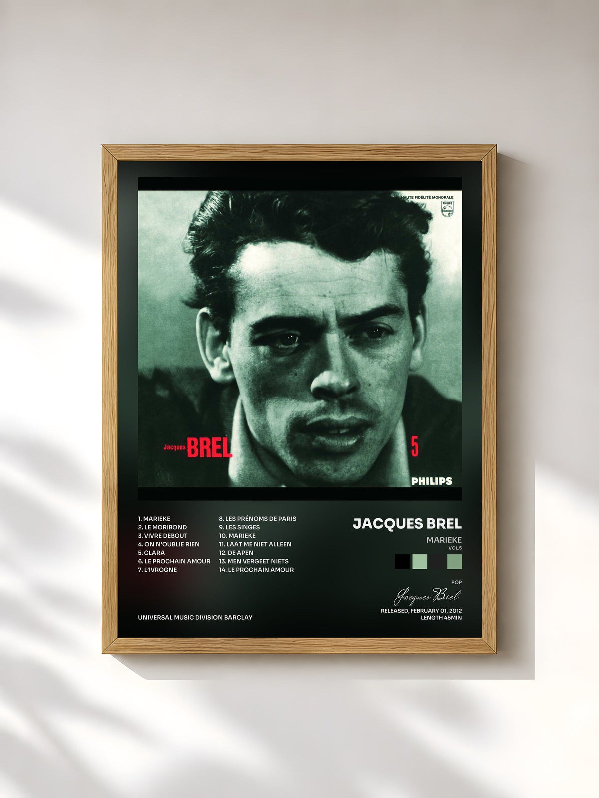 #bois Tableau de l'album Marieke (Vol.5) de Jacques Brel, cadre en bois brut, imprimé et encadré en France