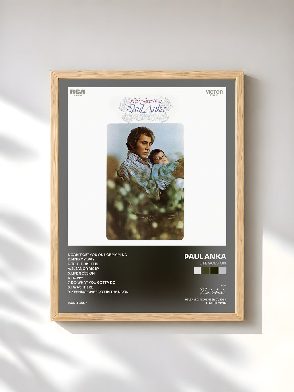 #bois Tableau de l'album Life Goes On de Paul Anka, cadre en bois brut, imprimé et encadré en France