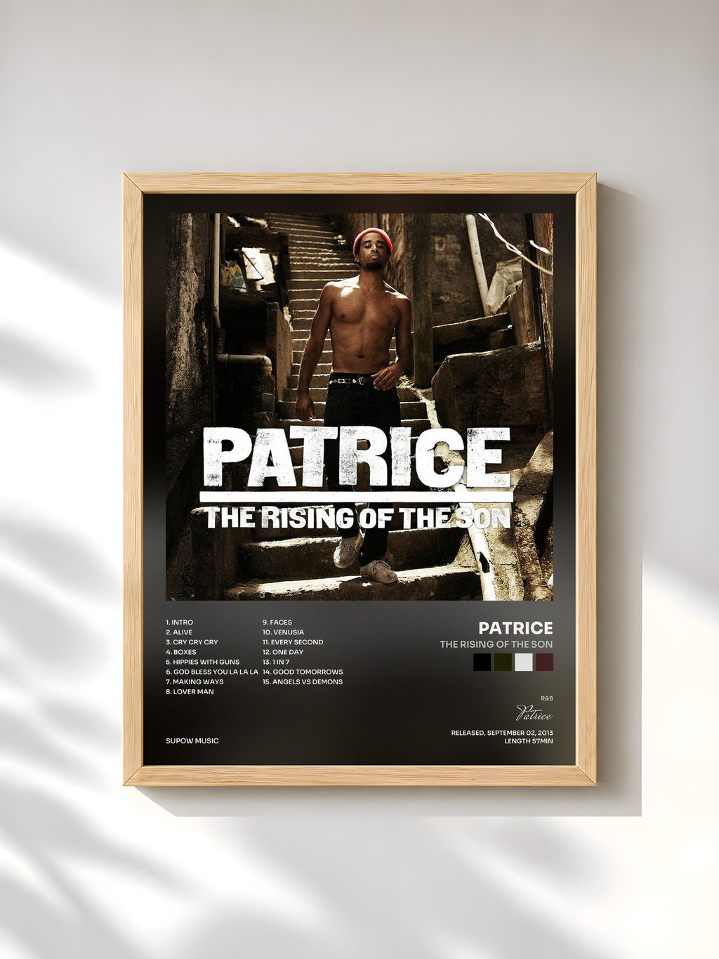 #bois Tableau de l'album The Rising of the Son de Patrice, cadre en bois brut, imprimé et encadré en France