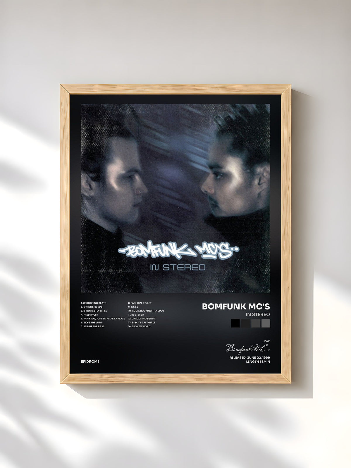 #bois Tableau de l'album In Stereo de Bomfunk MC's, cadre en bois brut, imprimé et encadré en France