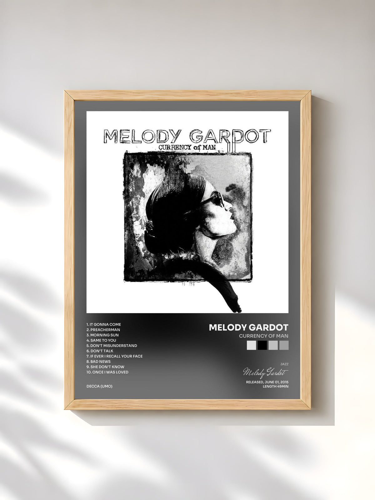 #bois Tableau de l'album Currency Of Man de Melody Gardot, cadre en bois brut, imprimé et encadré en France