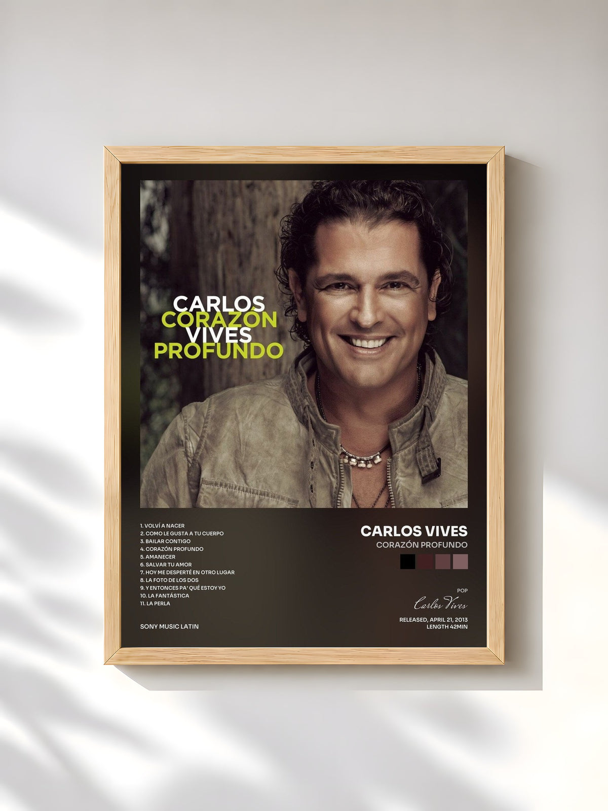 #bois Tableau de l'album Corazón Profundo de Carlos Vives, cadre en bois brut, imprimé et encadré en France