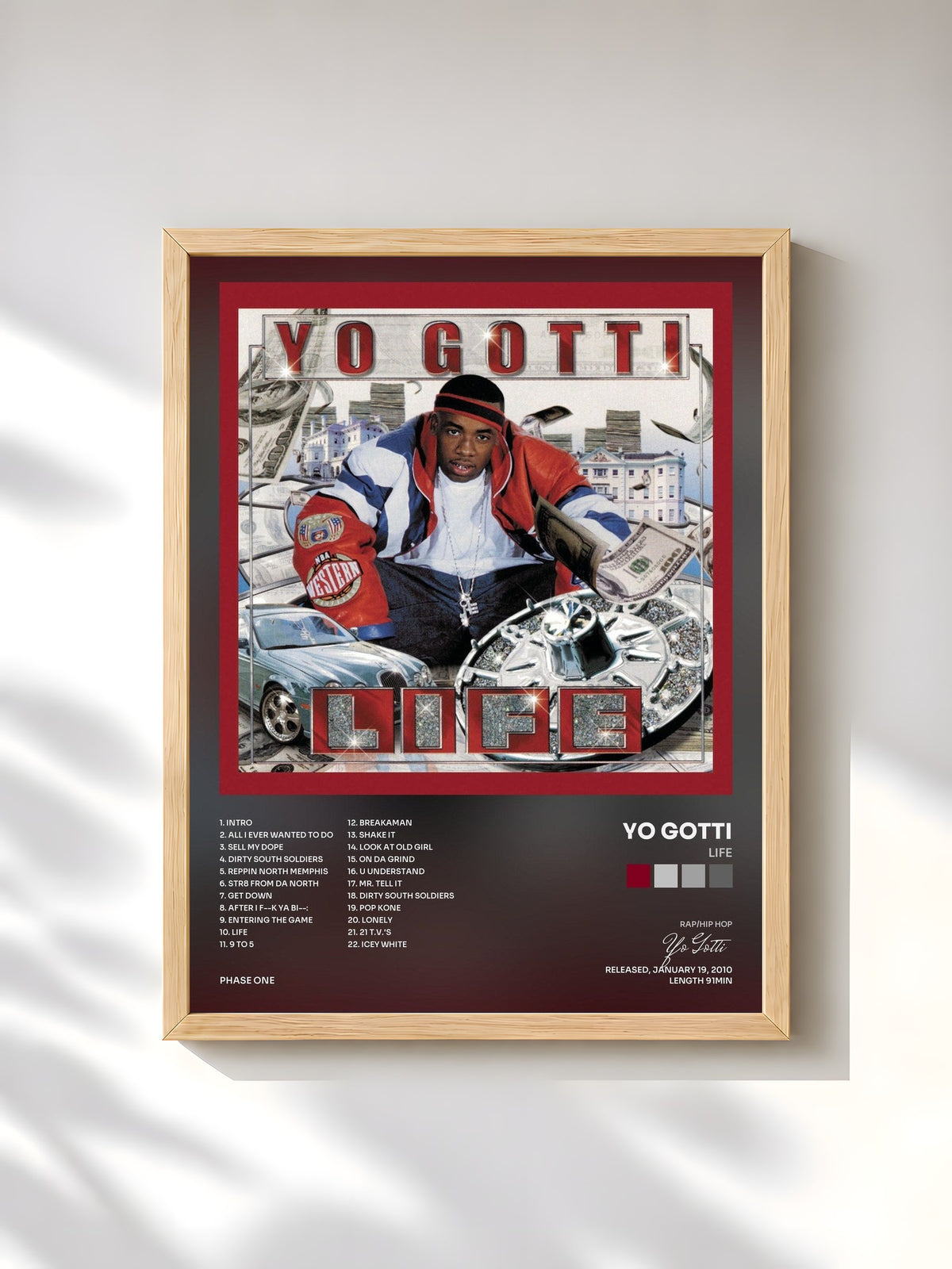 #bois Tableau de l'album Life de Yo Gotti, cadre en bois brut, imprimé et encadré en France