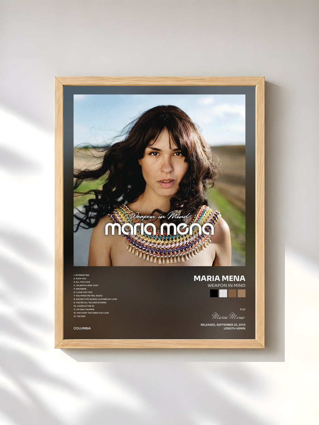 #bois Tableau de l'album Weapon in Mind de Maria Mena, cadre en bois brut, imprimé et encadré en France