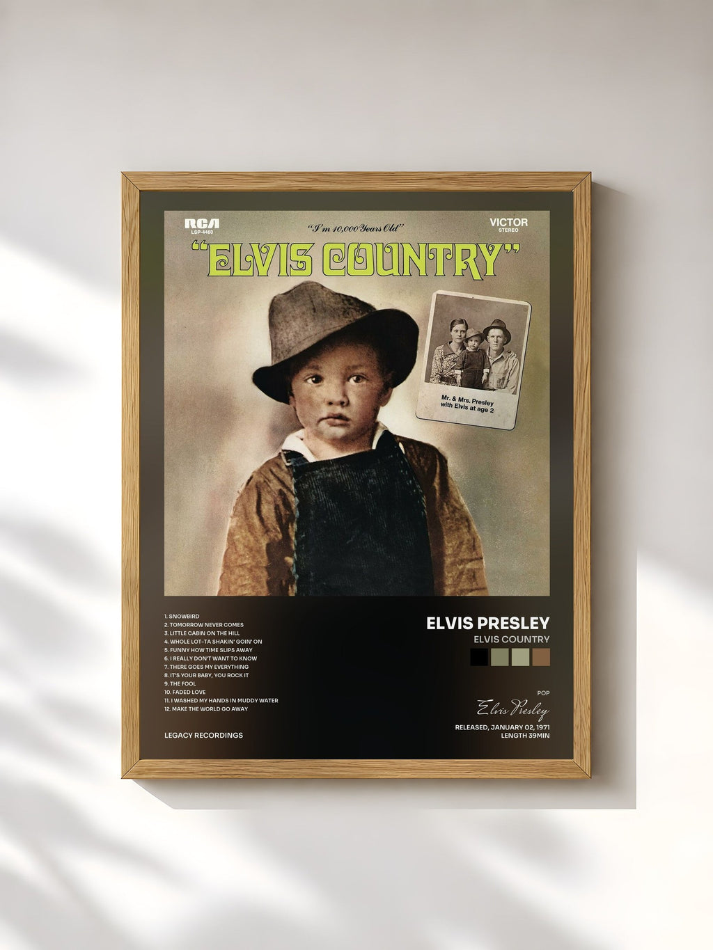 #bois Tableau de l'album Elvis Country de Elvis Presley, cadre en bois brut, imprimé et encadré en France