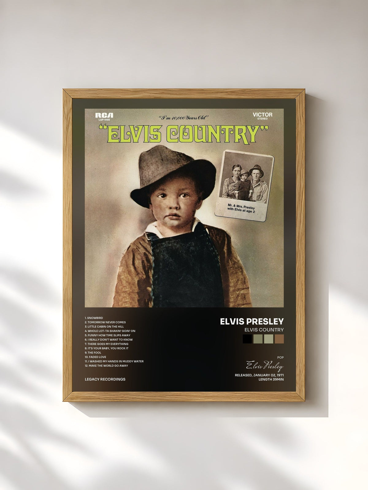 #bois Tableau de l'album Elvis Country de Elvis Presley, cadre en bois brut, imprimé et encadré en France