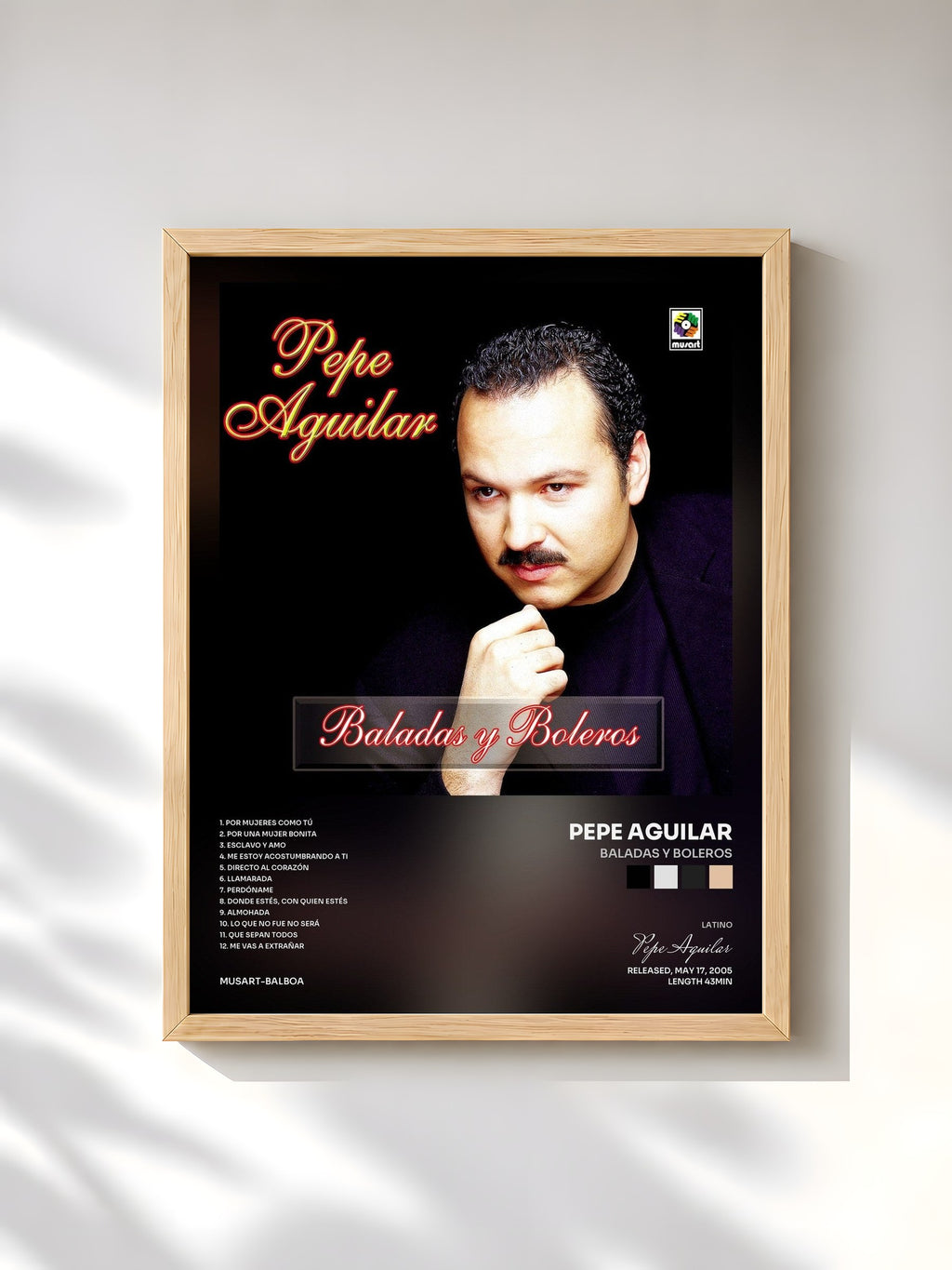 #bois Tableau de l'album Baladas Y Boleros de Pepe Aguilar, cadre en bois brut, imprimé et encadré en France