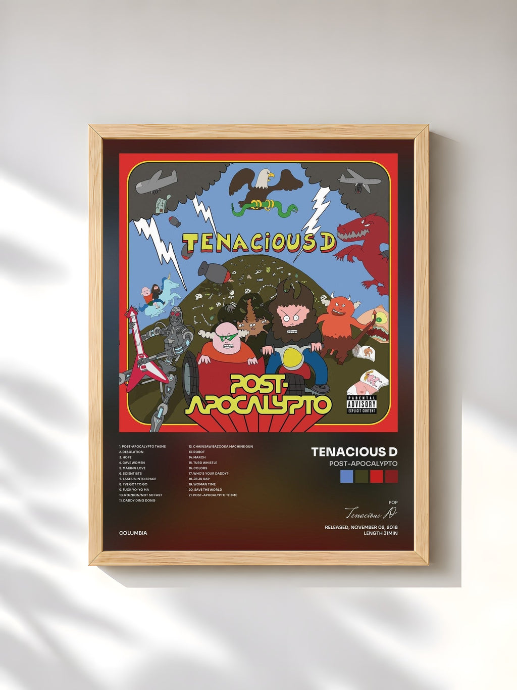 #bois Tableau de l'album Post-Apocalypto de Tenacious D, cadre en bois brut, imprimé et encadré en France