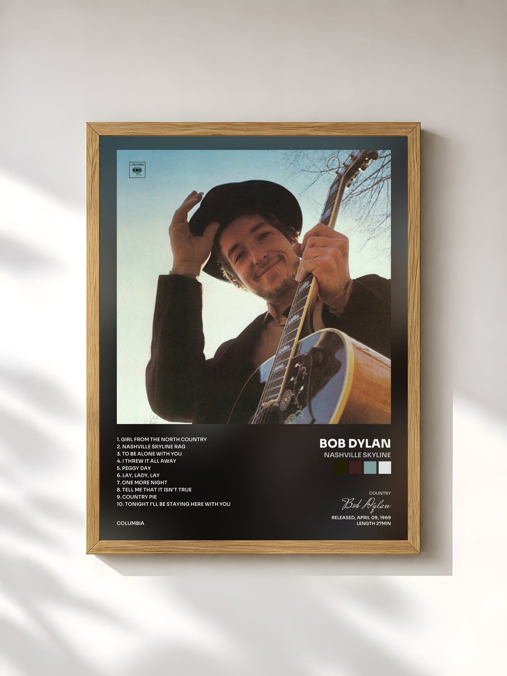 #bois Tableau de l'album Nashville Skyline de Bob Dylan, cadre en bois brut, imprimé et encadré en France