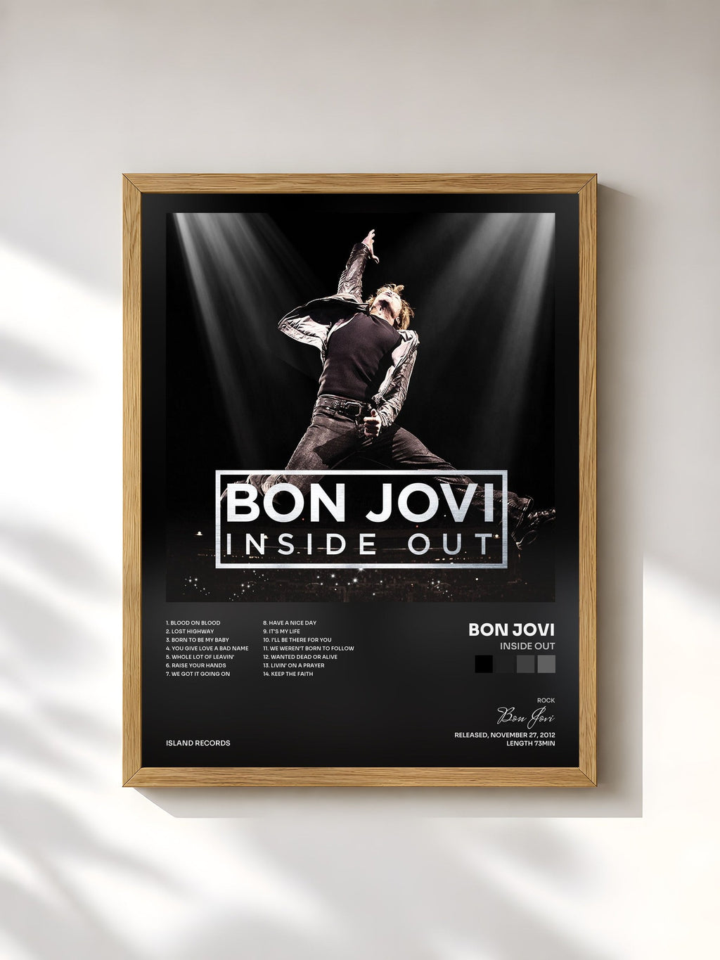 #bois Tableau de l'album Inside Out de Bon Jovi, cadre en bois brut, imprimé et encadré en France