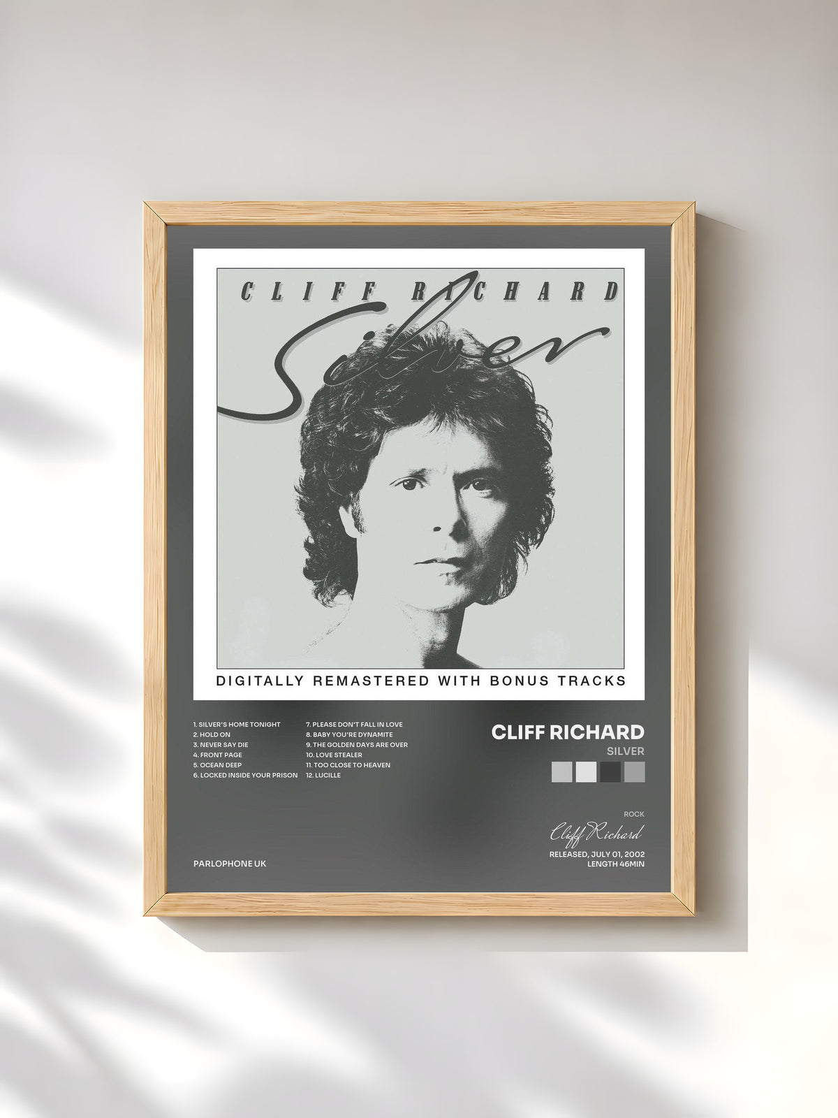 #bois Tableau de l'album Silver de Cliff Richard, cadre en bois brut, imprimé et encadré en France