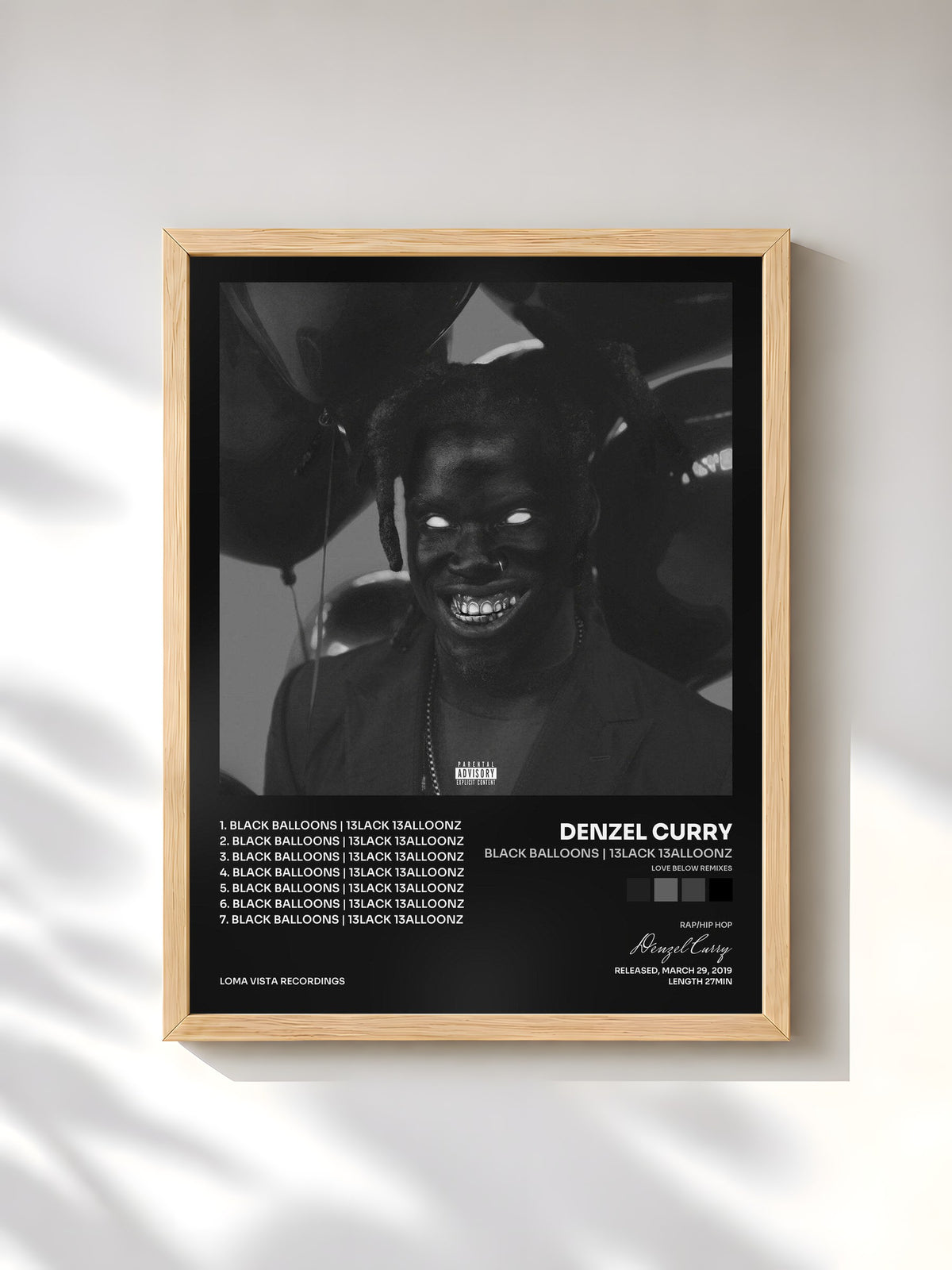 #bois Tableau de l'album BLACK BALLOONS | 13LACK 13ALLOONZ (Love Below Remixes) de Denzel Curry, cadre en bois brut, imprimé et encadré en France