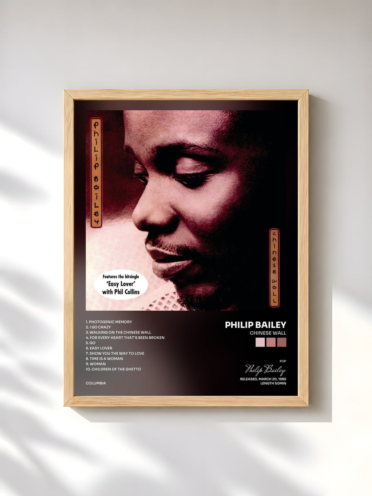 #bois Tableau de l'album Chinese Wall de Philip Bailey, cadre en bois brut, imprimé et encadré en France