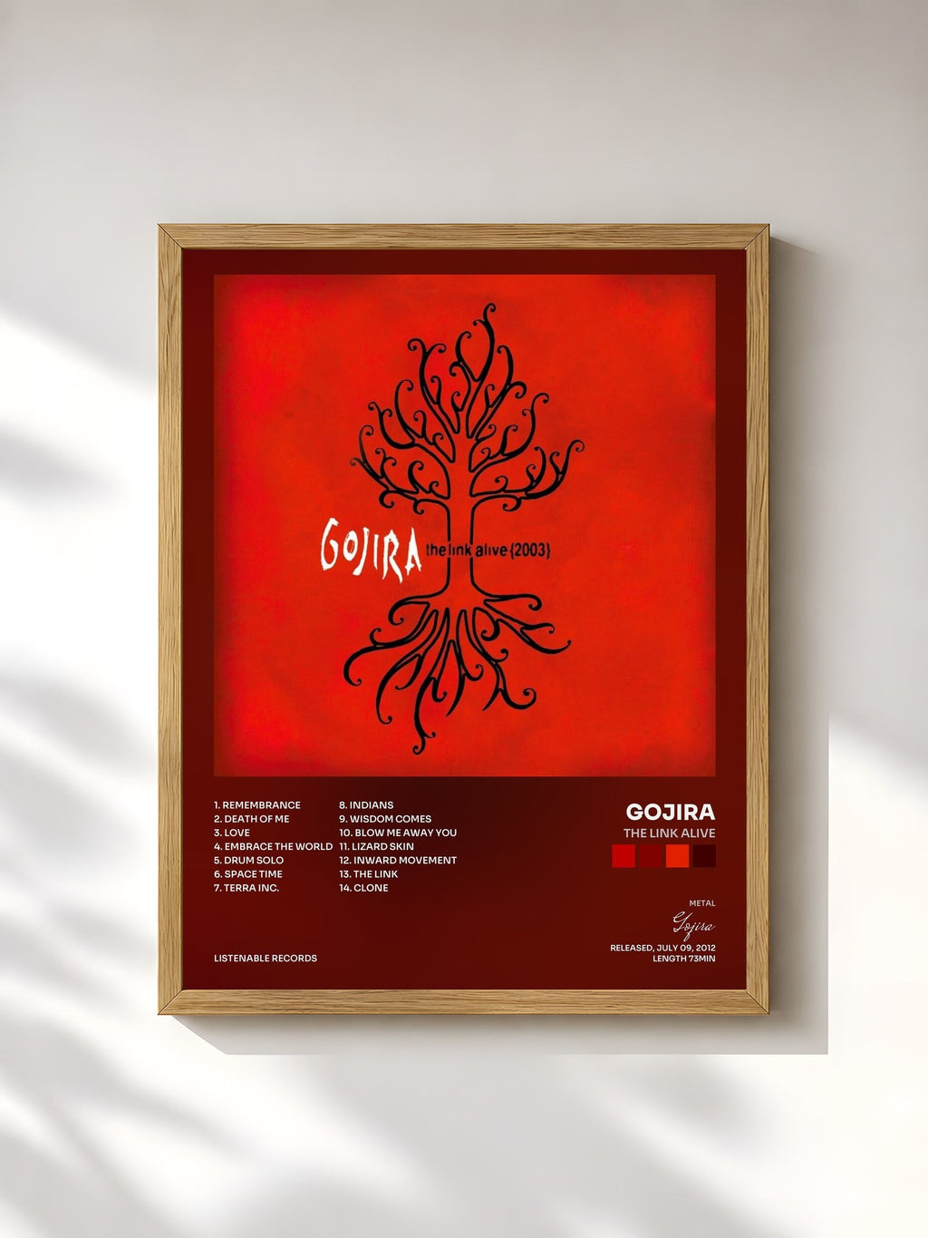 #bois Tableau de l'album The Link Alive de Gojira, cadre en bois brut, imprimé et encadré en France
