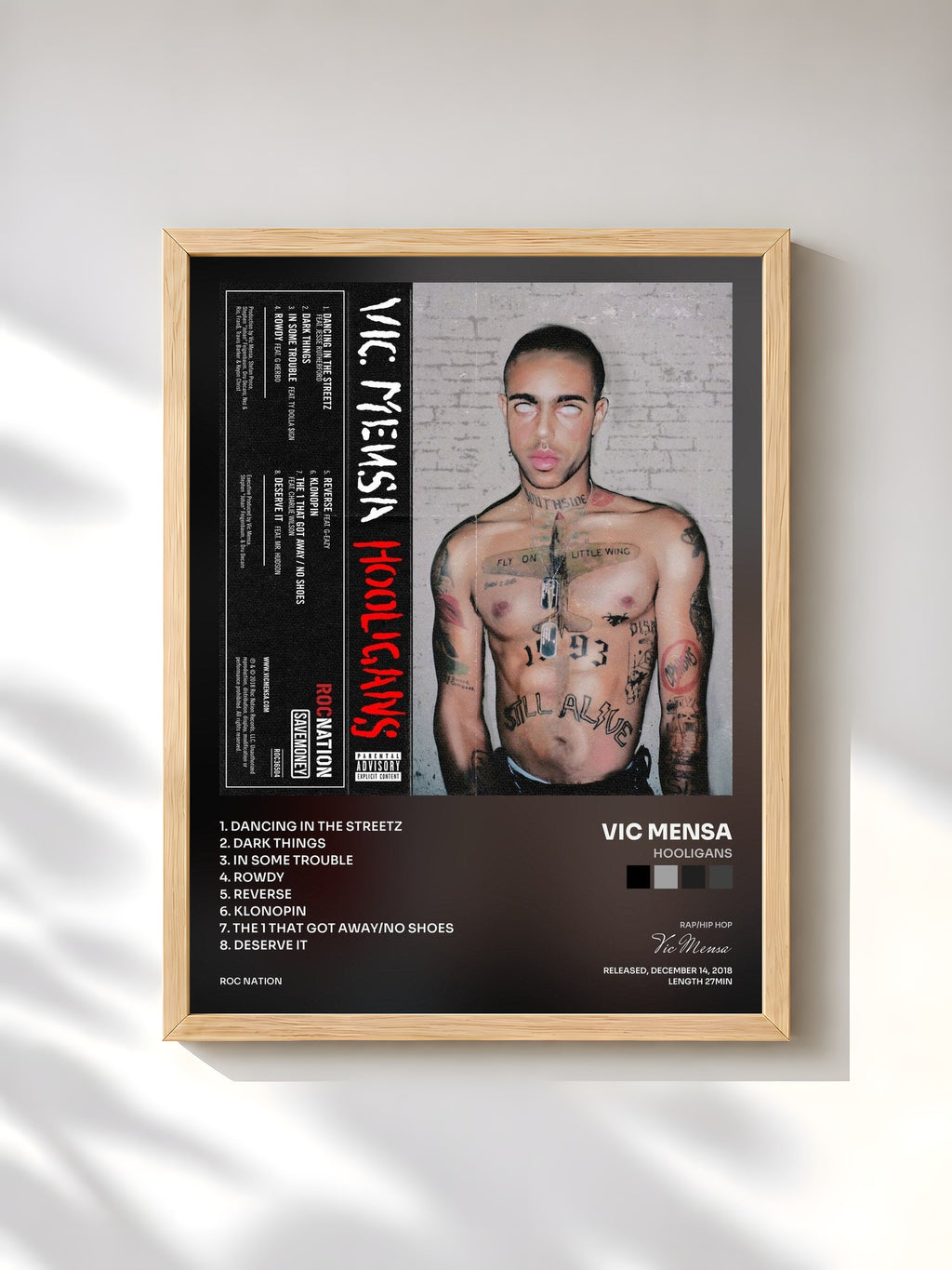#bois Tableau de l'album HOOLIGANS de Vic Mensa, cadre en bois brut, imprimé et encadré en France