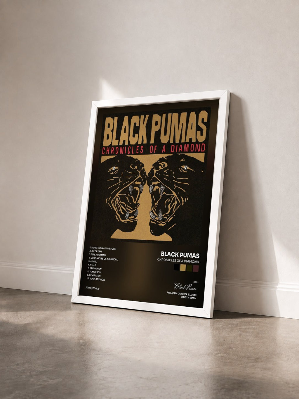 #blanc Tableau de l'album Chronicles of a Diamond de Black Pumas vu de trois quarts, cadre blanc