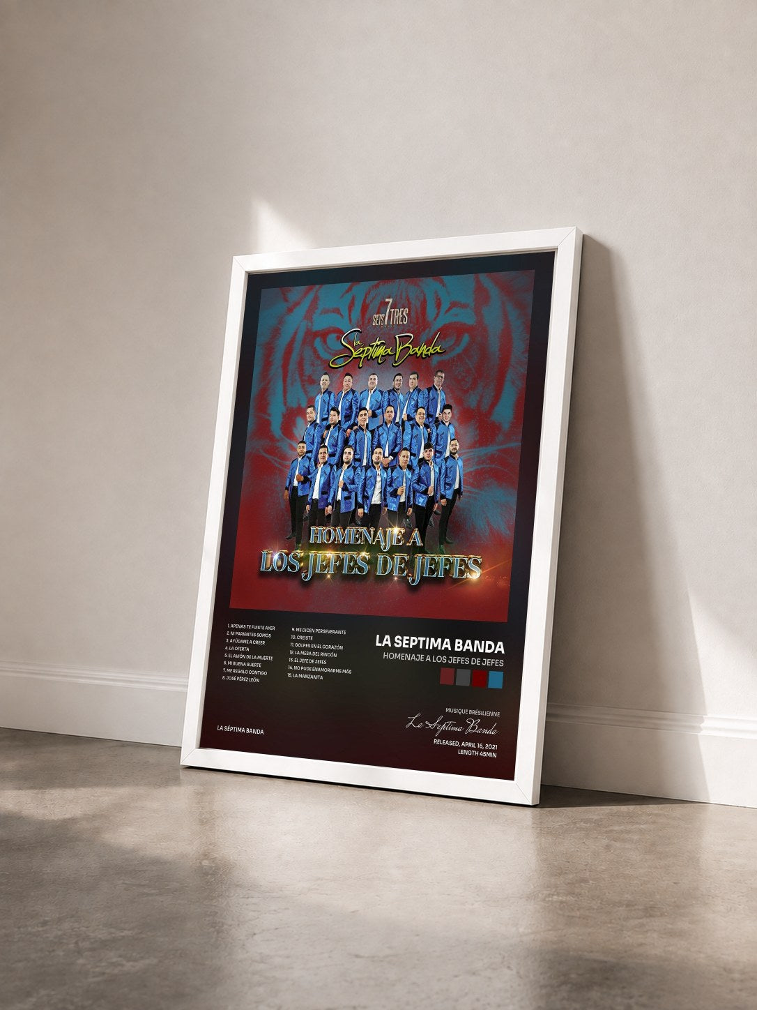 #blanc Tableau de l'album Homenaje a los Jefes de Jefes de La Septima Banda vu de trois quarts, cadre blanc