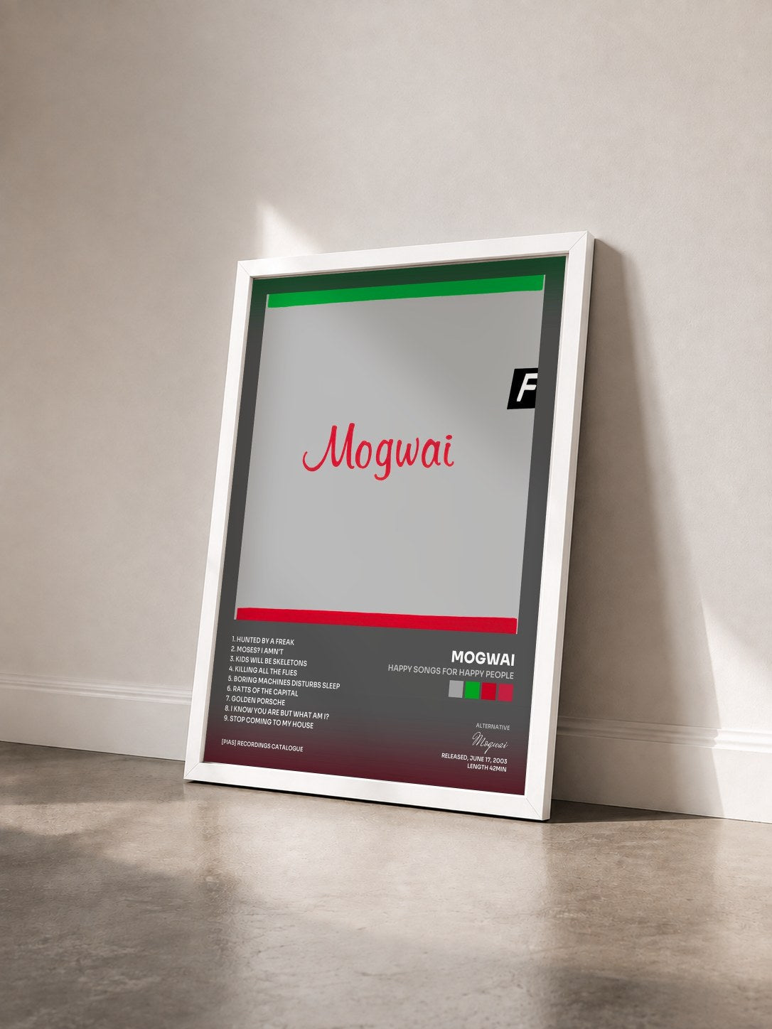 #blanc Tableau de l'album Happy Songs for Happy People de Mogwai vu de trois quarts, cadre blanc