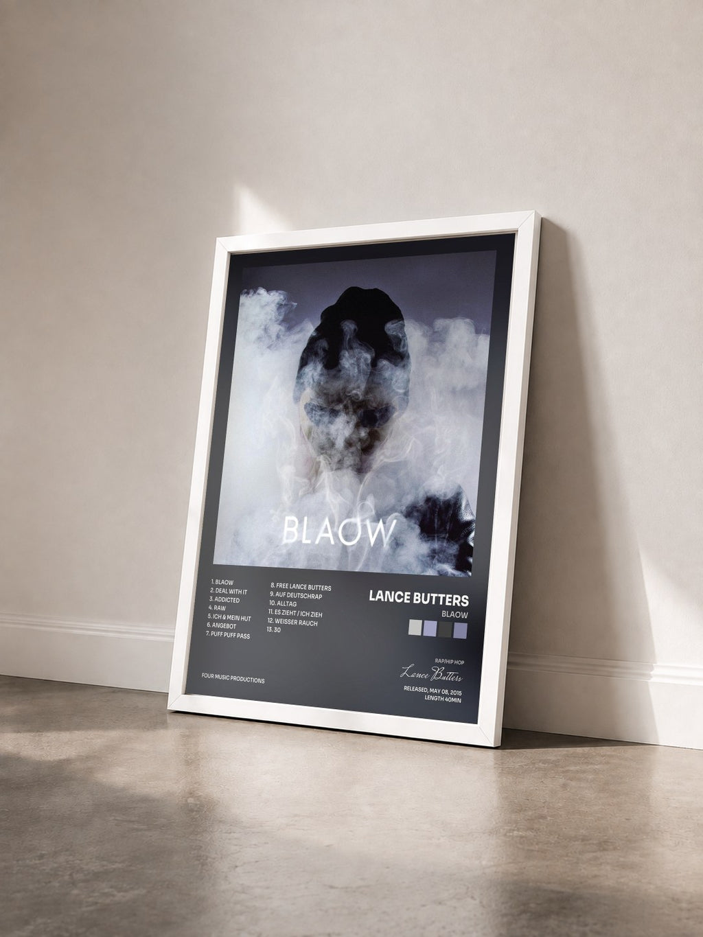 #blanc Tableau de l'album BLAOW de Lance Butters vu de trois quarts, cadre blanc