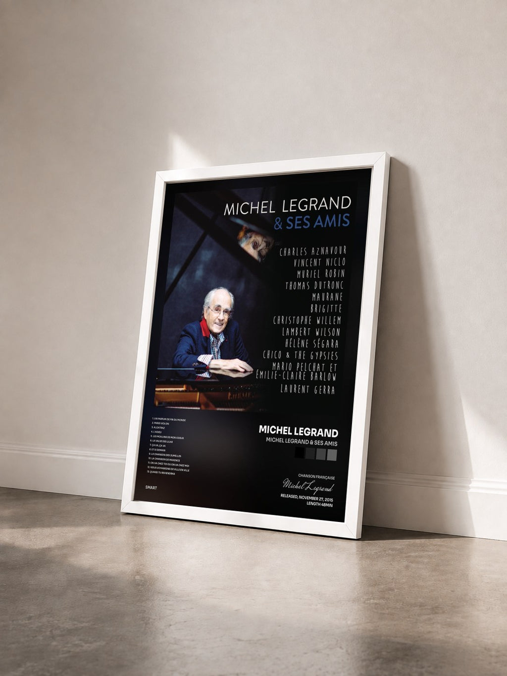 #blanc Tableau de l'album Michel Legrand & ses amis de Michel Legrand vu de trois quarts, cadre blanc