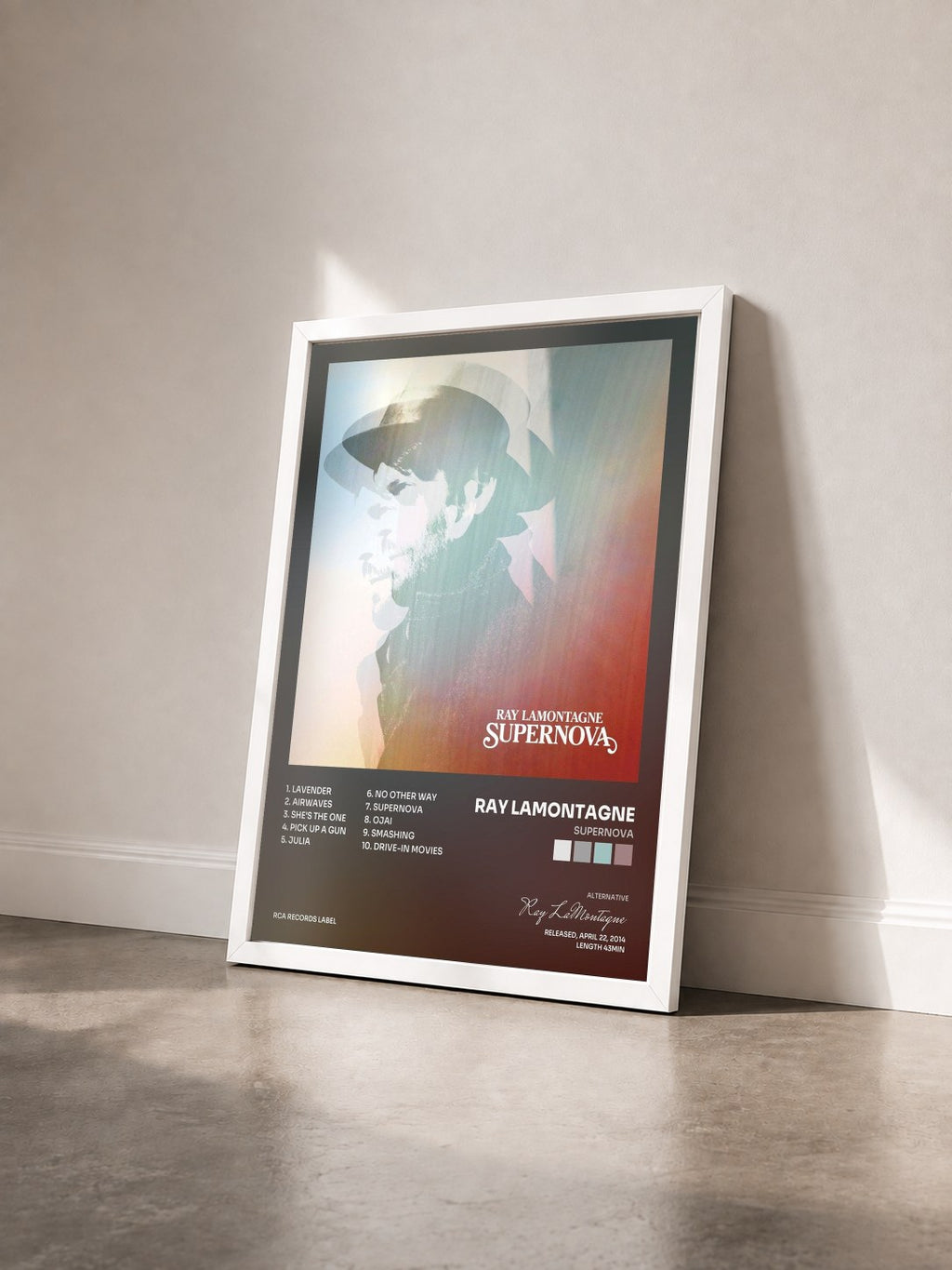 #blanc Tableau de l'album Supernova de Ray LaMontagne vu de trois quarts, cadre blanc