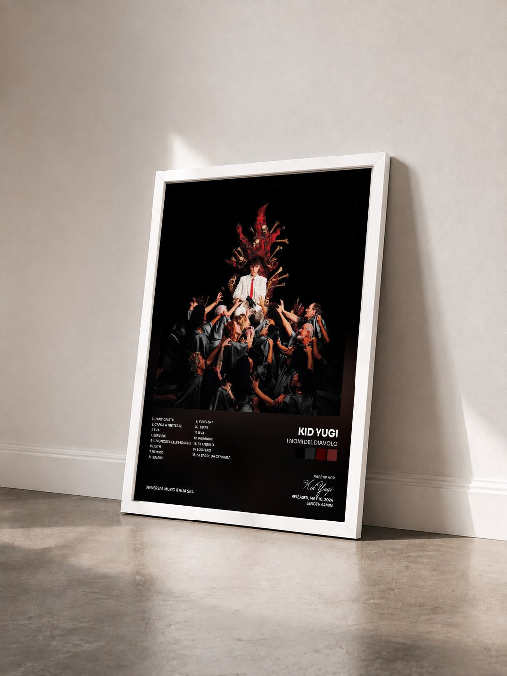 #blanc Tableau de l'album I Nomi del Diavolo de Kid Yugi vu de trois quarts, cadre blanc