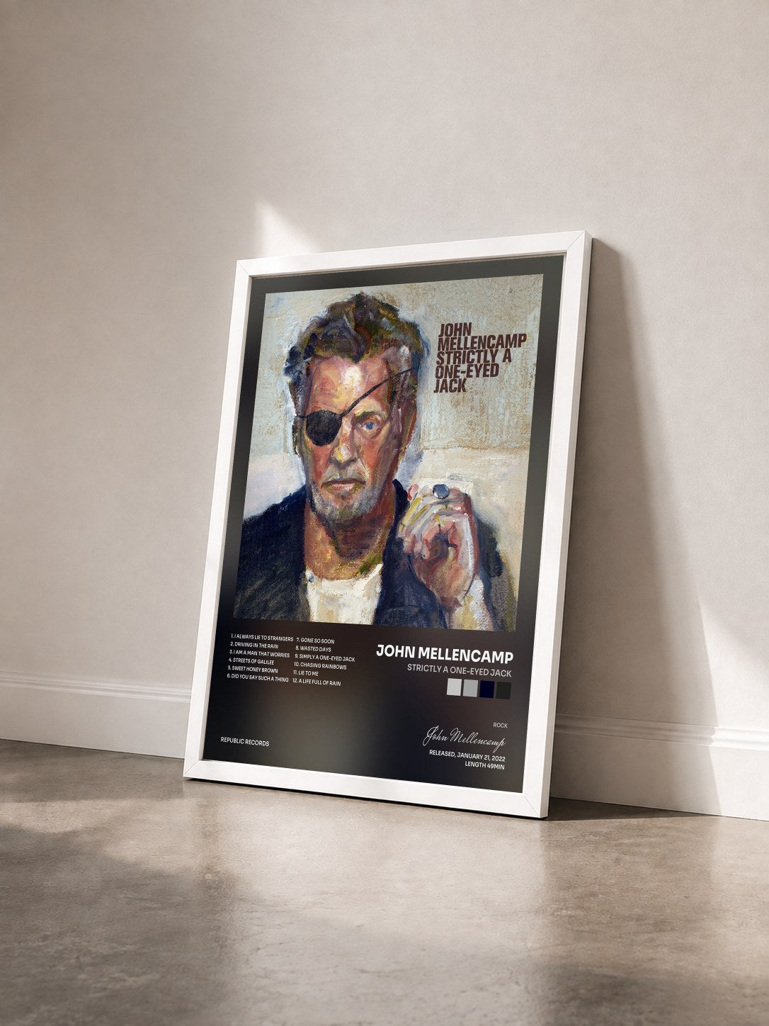 #blanc Tableau de l'album Strictly A One-Eyed Jack de John Mellencamp vu de trois quarts, cadre blanc
