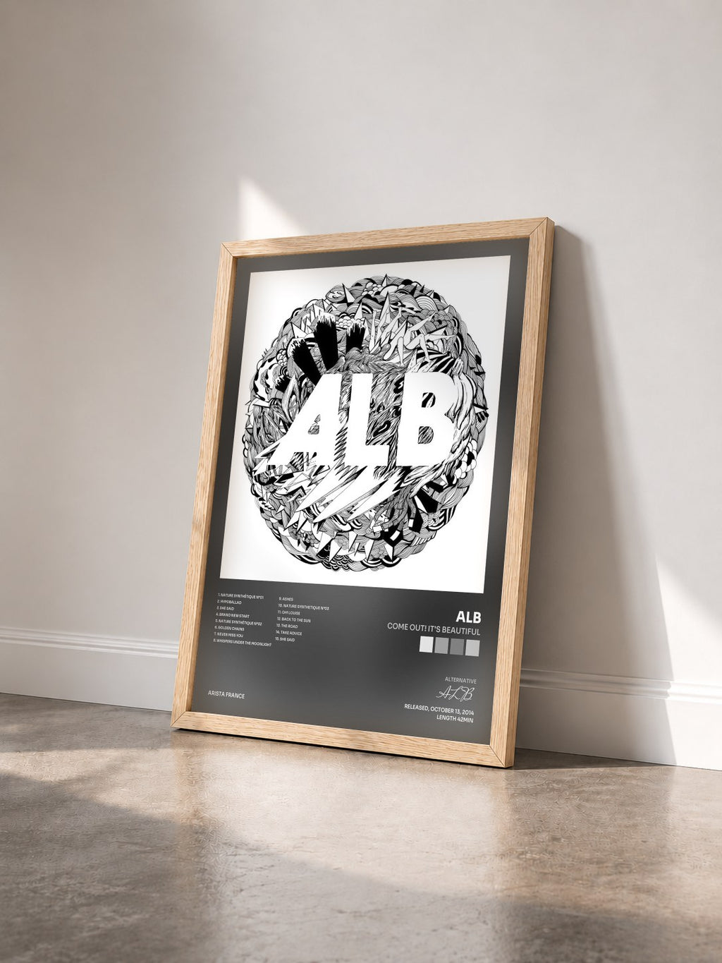 #bois Tableau de l'album Come Out! It's Beautiful de ALB vu de trois quarts, cadre en bois brut