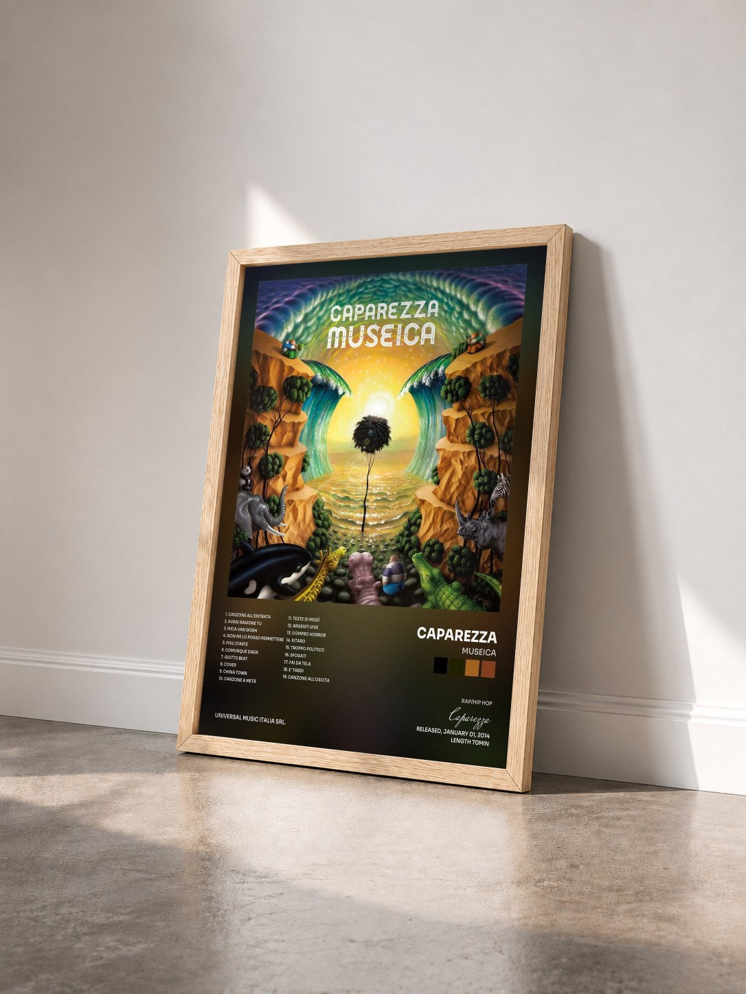 #bois Tableau de l'album Museica de Caparezza vu de trois quarts, cadre en bois brut