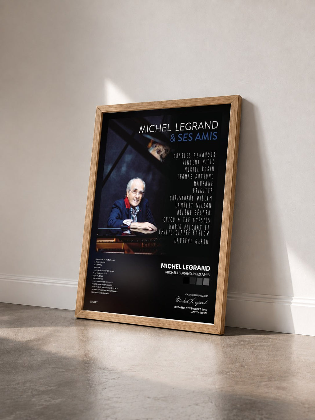 #bois Tableau de l'album Michel Legrand & ses amis de Michel Legrand vu de trois quarts, cadre en bois brut