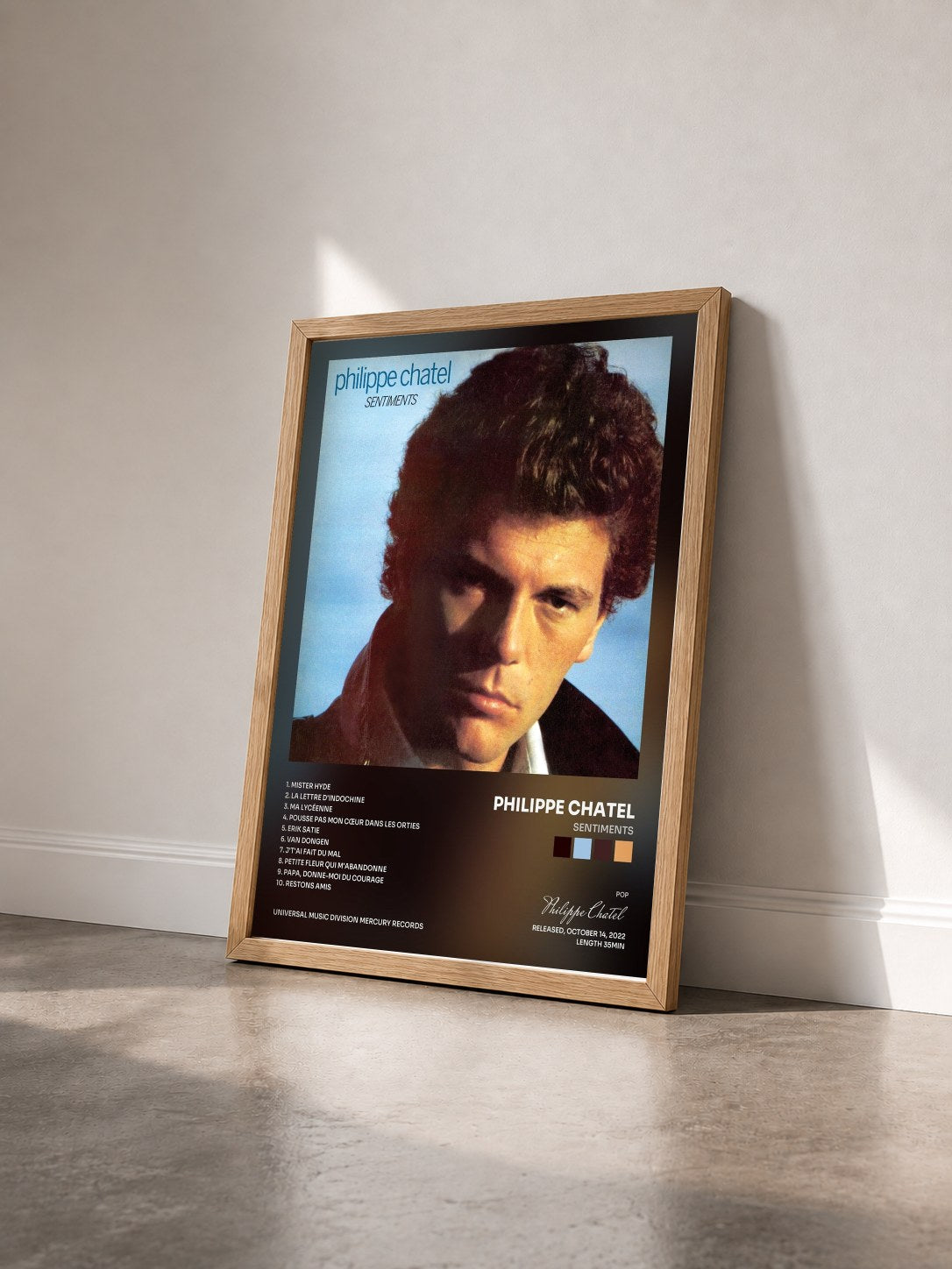 #bois Tableau de l'album Sentiments de Philippe Chatel vu de trois quarts, cadre en bois brut