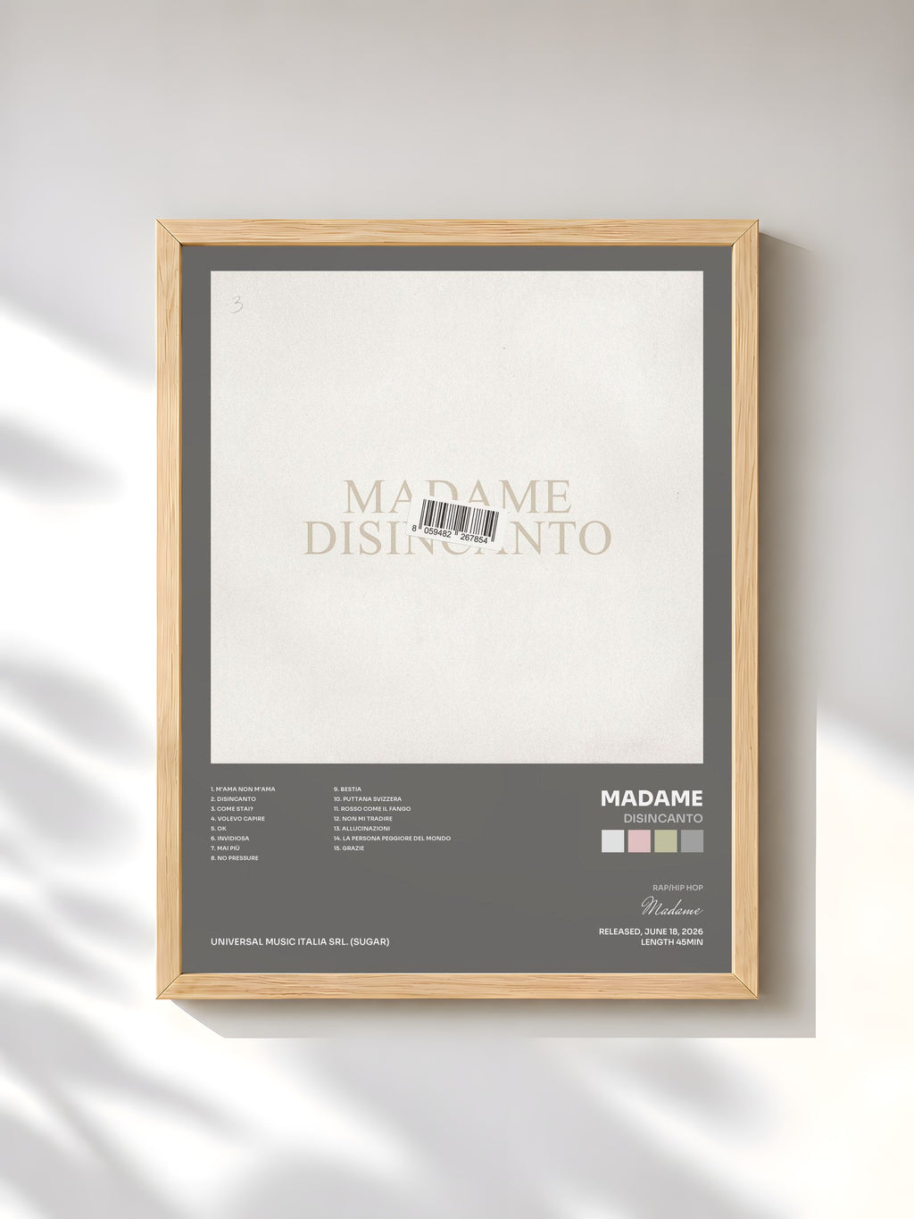 #bois Tableau de l'album DISINCANTO de Madame, cadre en bois brut, imprimé et encadré en France