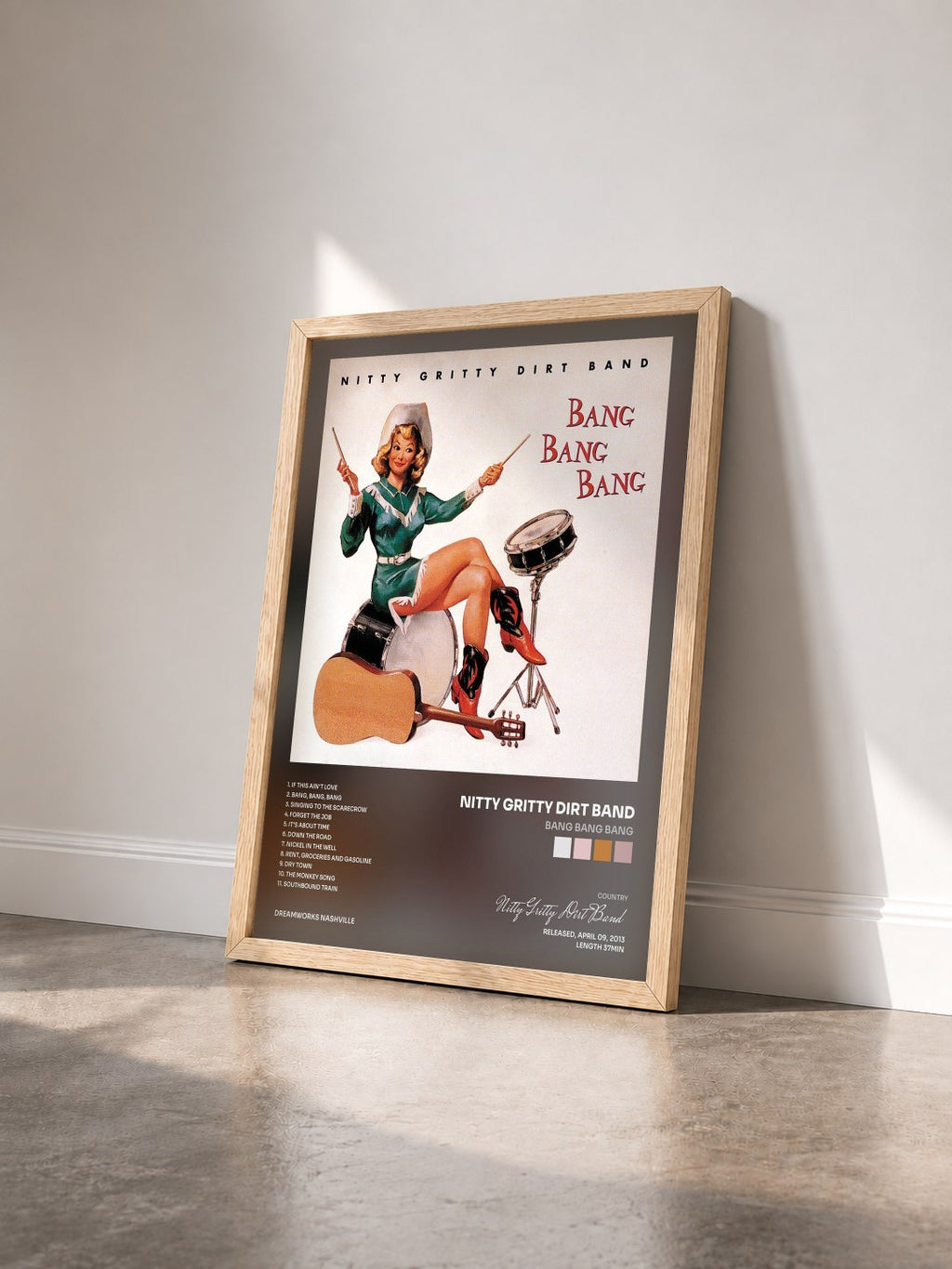 #bois Tableau de l'album Bang Bang Bang de Nitty Gritty Dirt Band vu de trois quarts, cadre en bois brut