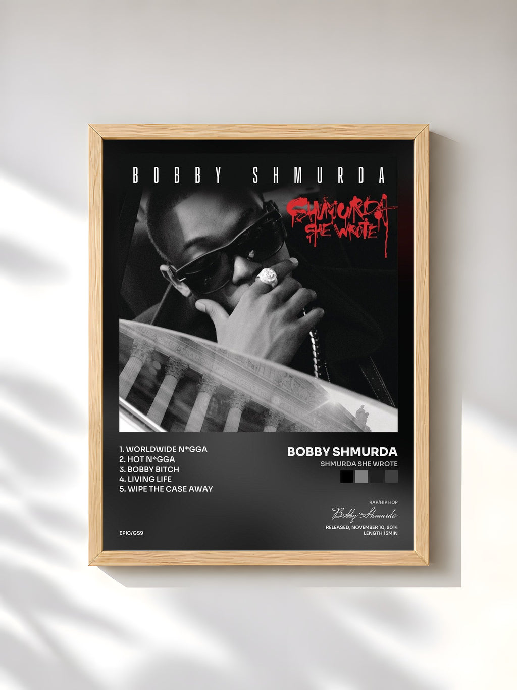 #bois Tableau de l'album Shmurda She Wrote de Bobby Shmurda, cadre en bois brut, imprimé et encadré en France