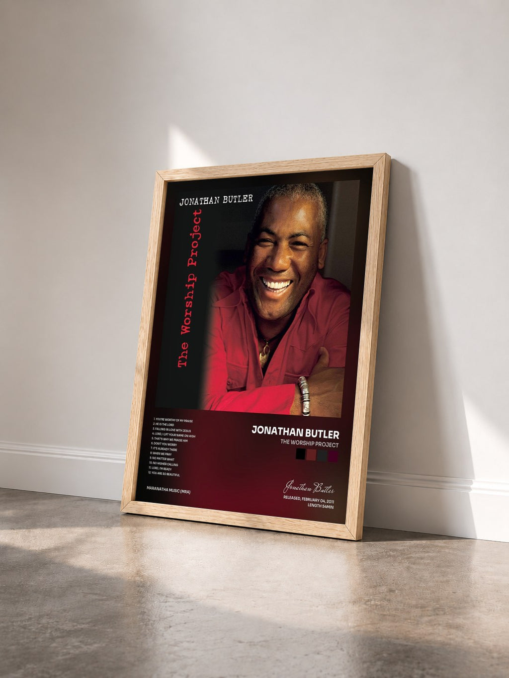 #bois Tableau de l'album The Worship Project de Jonathan Butler vu de trois quarts, cadre en bois brut