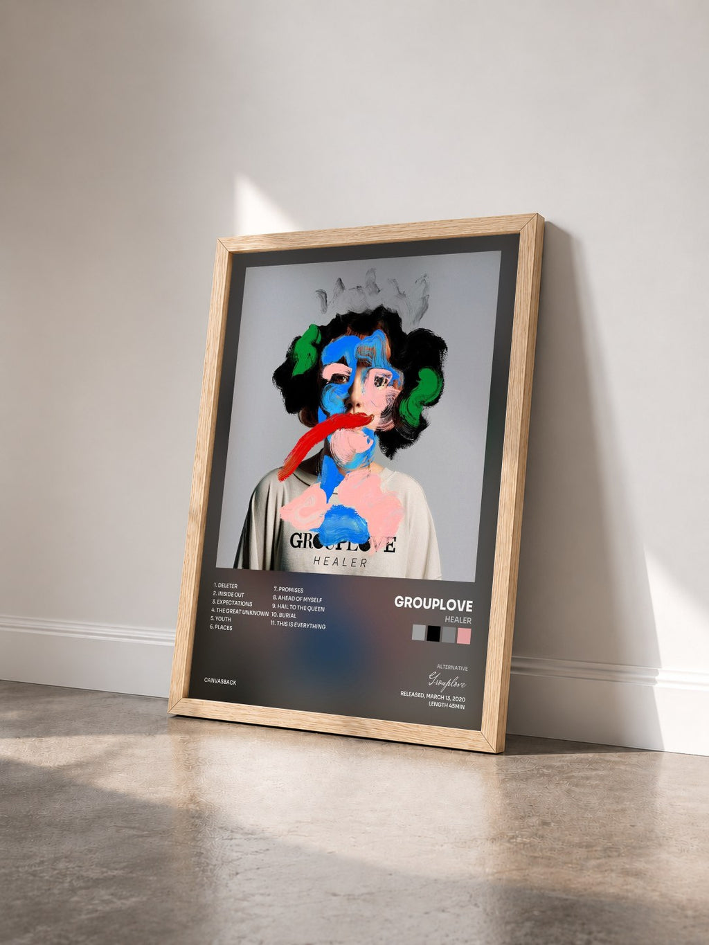 #bois Tableau de l'album Healer de Grouplove vu de trois quarts, cadre en bois brut