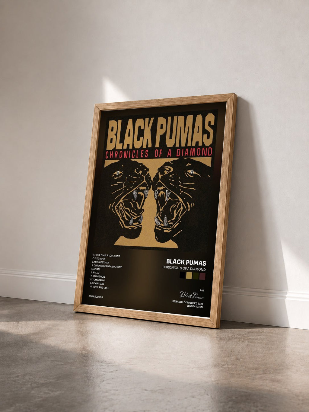 #bois Tableau de l'album Chronicles of a Diamond de Black Pumas vu de trois quarts, cadre en bois brut