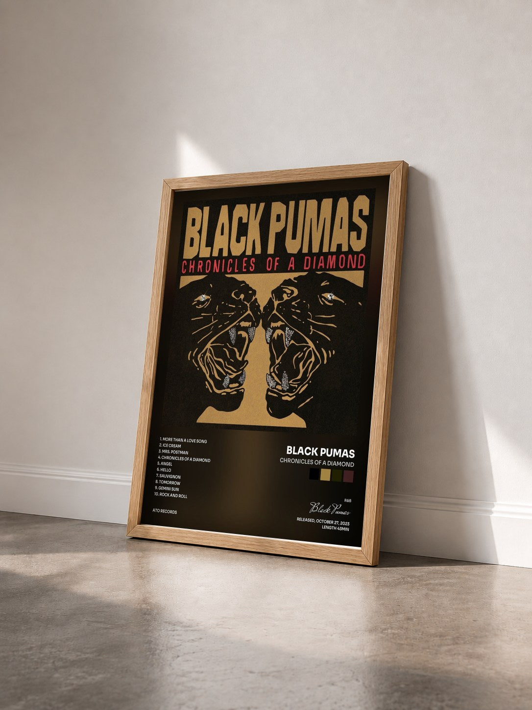 #bois Tableau de l'album Chronicles of a Diamond de Black Pumas vu de trois quarts, cadre en bois brut