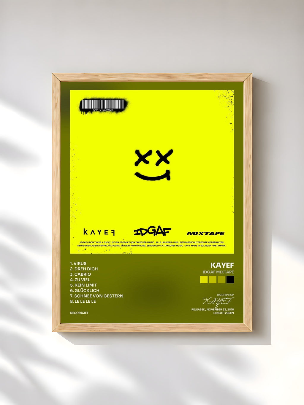 #bois Tableau de l'album IDGAF Mixtape de KAYEF, cadre en bois brut, imprimé et encadré en France