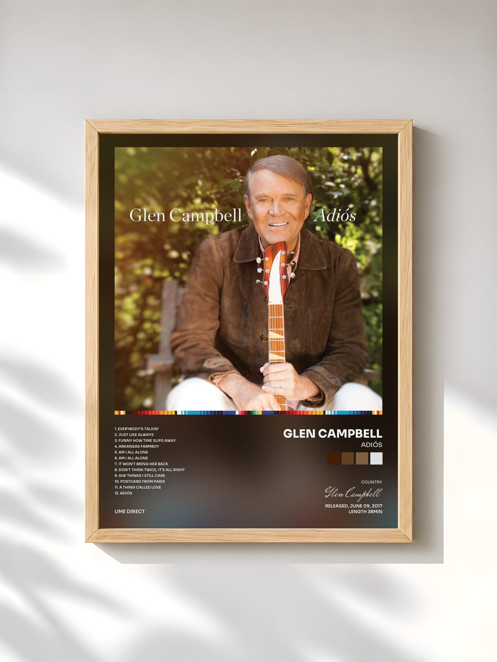 #bois Tableau de l'album Adiós de Glen Campbell, cadre en bois brut, imprimé et encadré en France