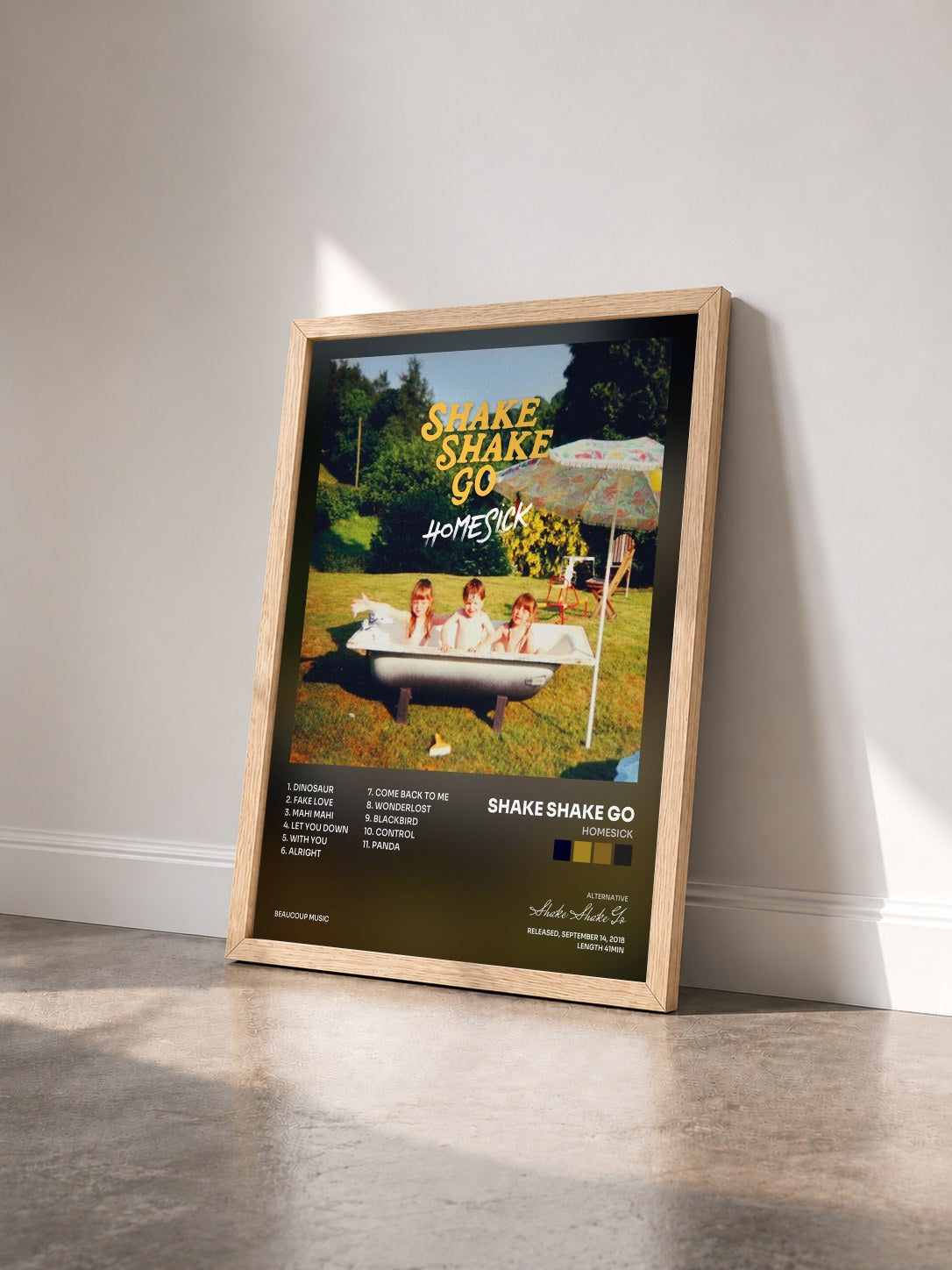 #bois Tableau de l'album Homesick de Shake Shake Go vu de trois quarts, cadre en bois brut