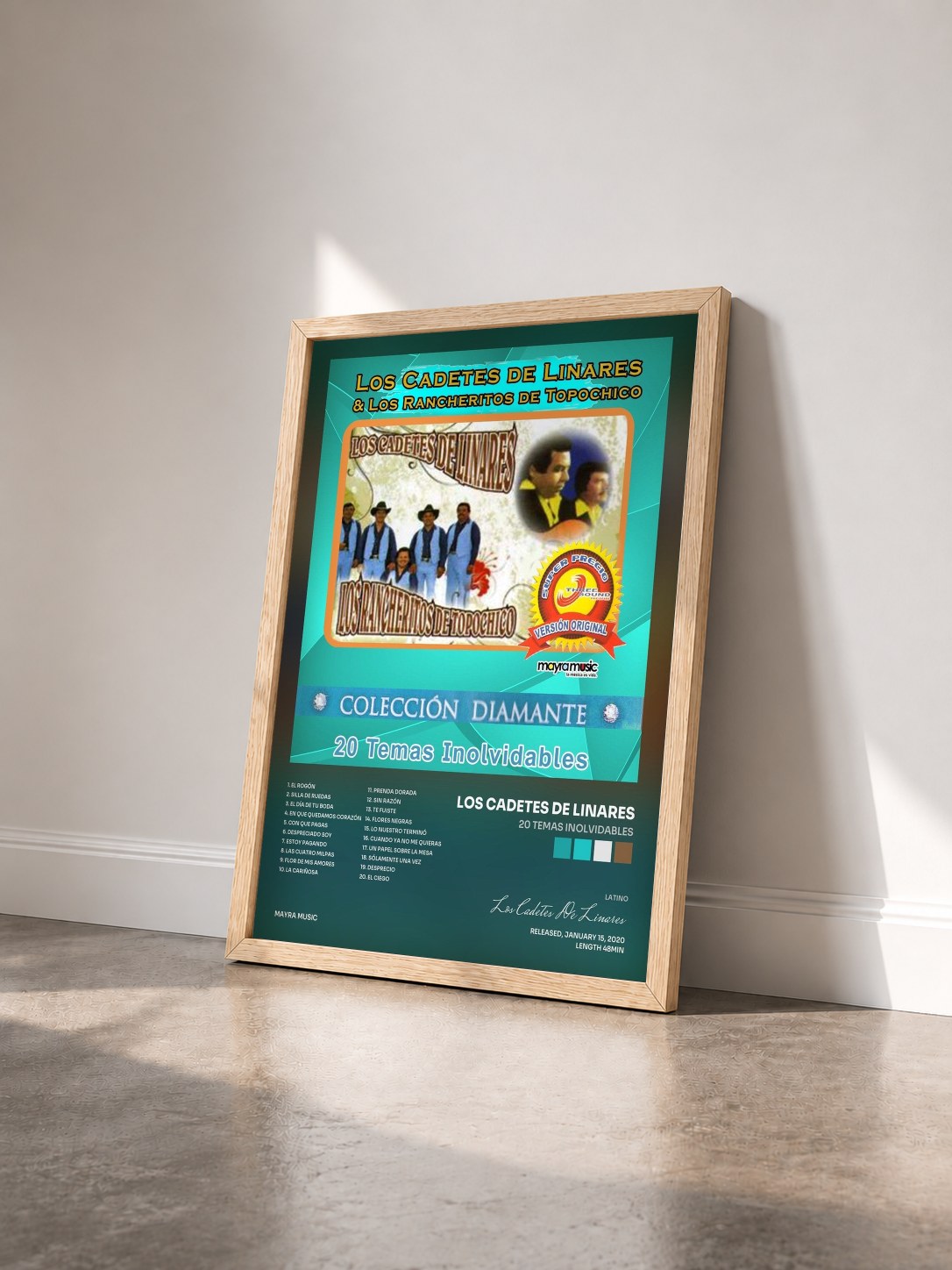 #bois Tableau de l'album 20 Temas Inolvidables de Los Cadetes De Linares vu de trois quarts, cadre en bois brut