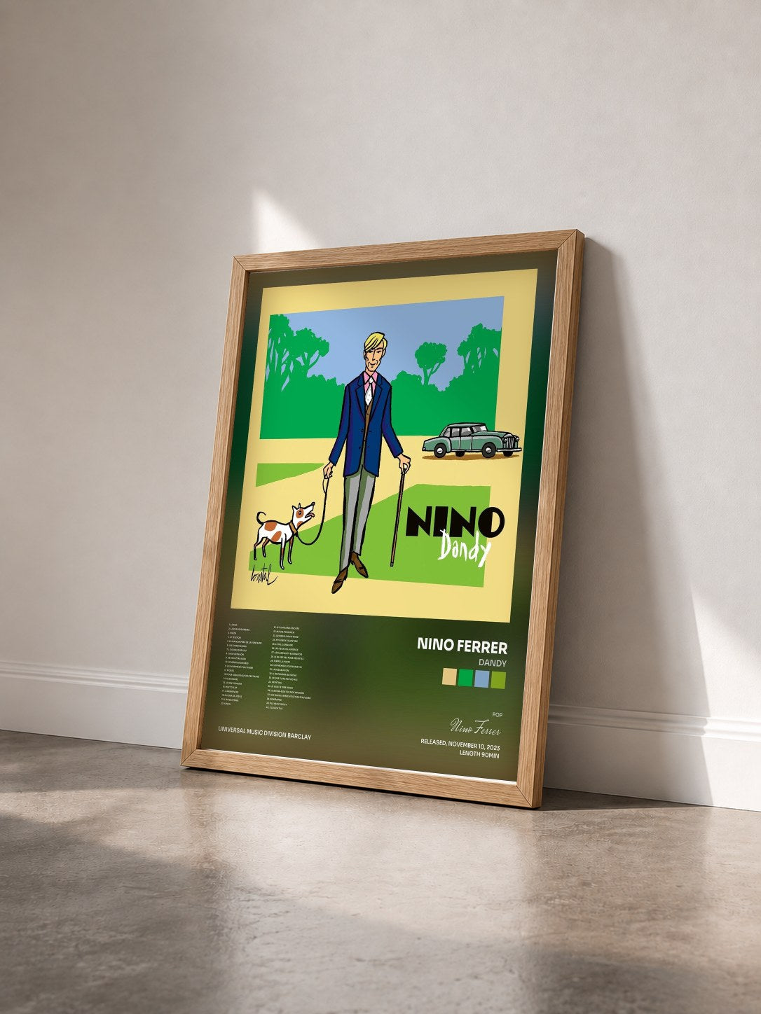 #bois Tableau de l'album Dandy de Nino Ferrer vu de trois quarts, cadre en bois brut