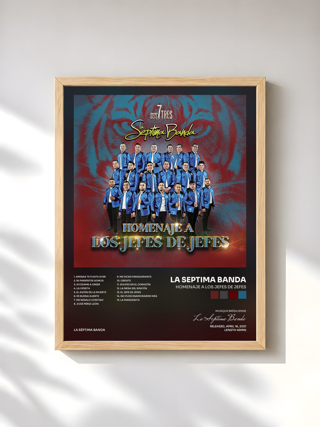#bois Tableau de l'album Homenaje a los Jefes de Jefes de La Septima Banda, cadre en bois brut, imprimé et encadré en France