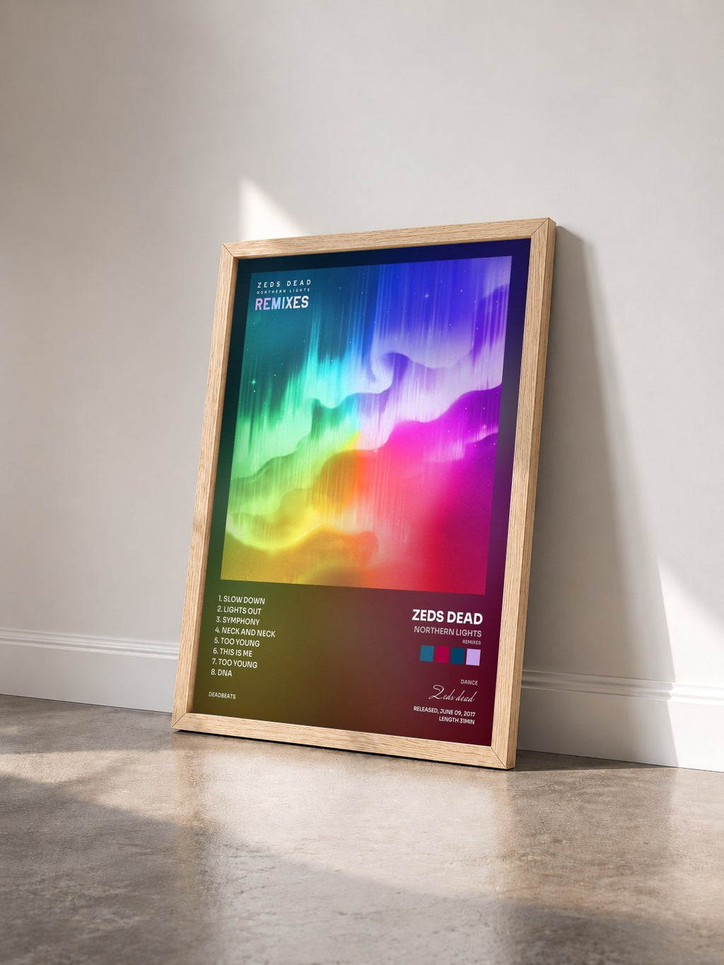 #bois Tableau de l'album Northern Lights (Remixes) de Zeds dead vu de trois quarts, cadre en bois brut