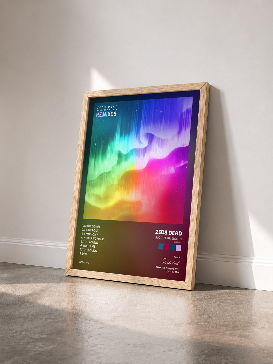 #bois Tableau de l'album Northern Lights (Remixes) de Zeds dead vu de trois quarts, cadre en bois brut