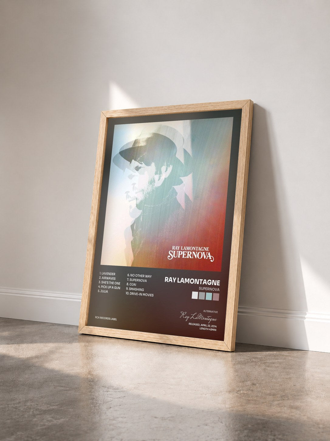 #bois Tableau de l'album Supernova de Ray LaMontagne vu de trois quarts, cadre en bois brut