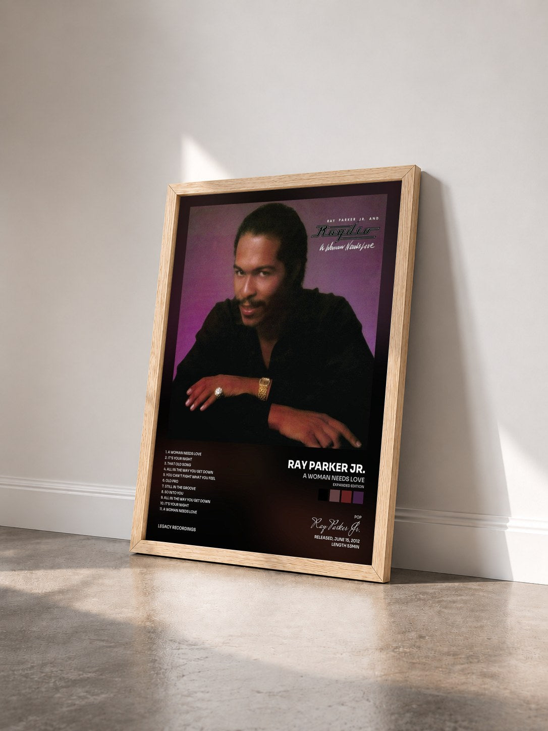#bois Tableau de l'album A Woman Needs Love (Expanded Edition) de Ray Parker Jr. vu de trois quarts, cadre en bois brut